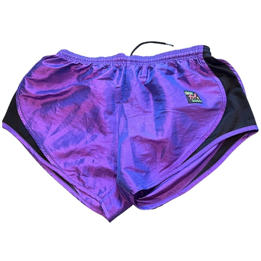 Vintage 90s Surf Style Running Shorts L Purple Iridescent Shiny Athletic Retro